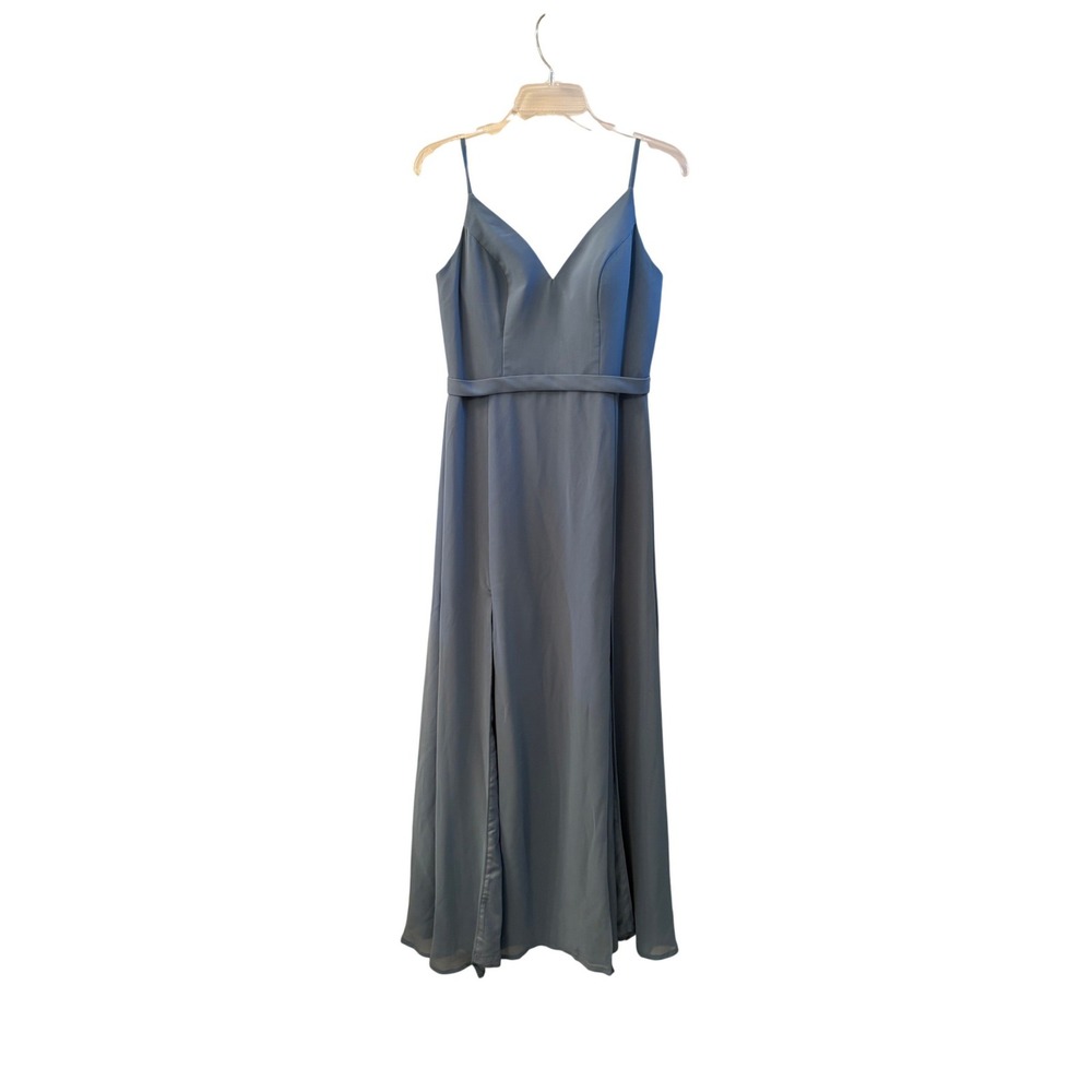 Azazie Blue V-Neck Cowl Back Maxi Bridesmaid Dress‎ Size A6 Double Slit Formal